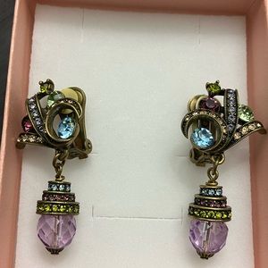 Heidi Daus Multicolor Swarovski Swirl Top Facetted Amethyst Drop Clip On Pair